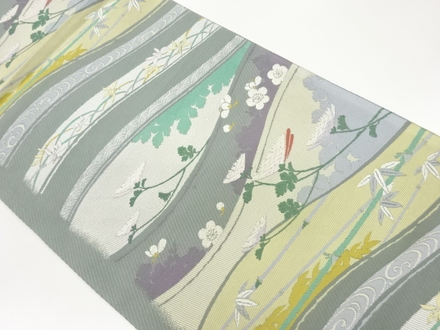 JAPANESE FUKURO OBI / WOVEN WAVY STRIPE & FLOWER